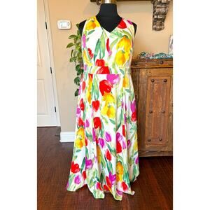Maggy London 16W Dress Maxi Floral Halter Back Bow Red Orange Green Yellow Plus